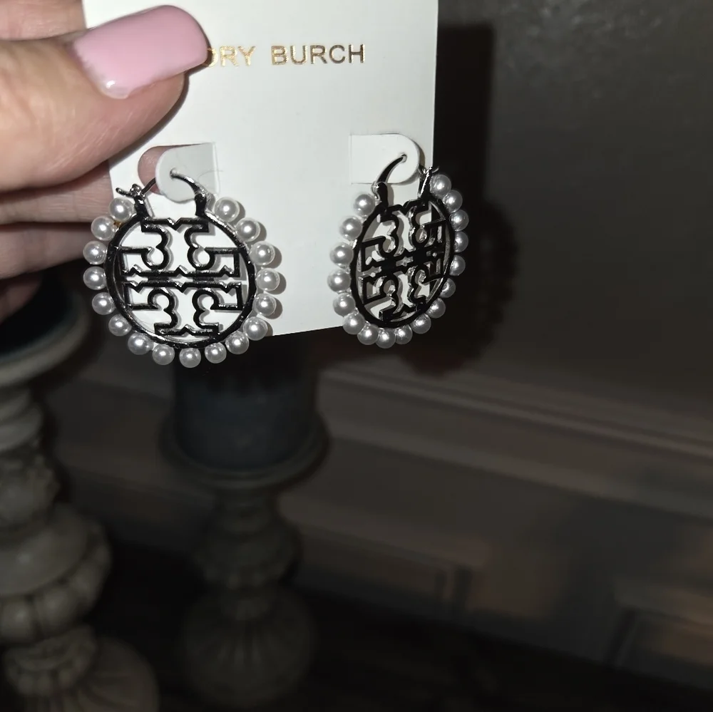 Tory Burch White Pearl and Silver Statement Earrings